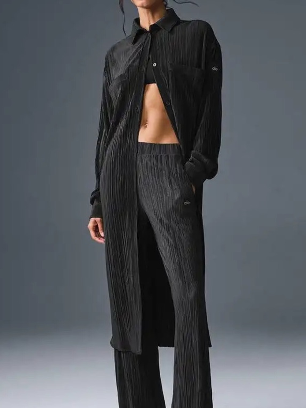 ALO Yoga Micro Plisse Shirt Dress Black Casual Athleisure Women’s Size XS